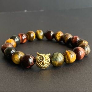 Tri Color Tigers Eye Gemstone Bracelet With Gold Owl Charm
